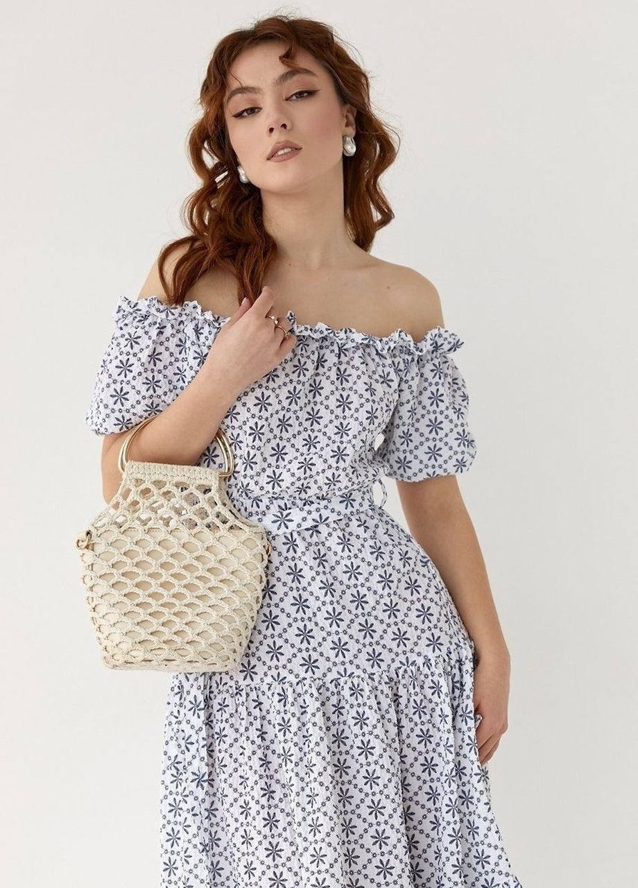 Молочное откровенный летнее платье миди с открытыми плечами - молочный Lurex