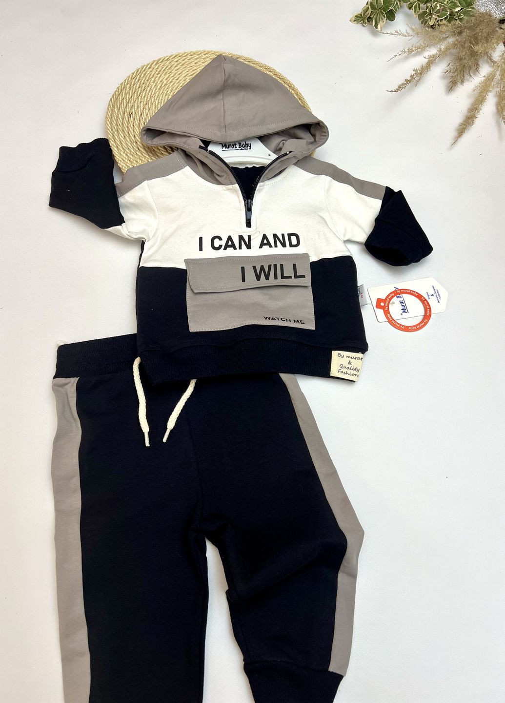 Чорно-білий демісезонний костюм для малюків із написом брючний Murat baby