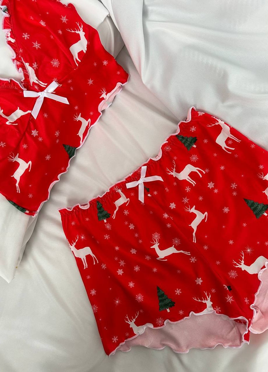 Червона всесезон новорічна піжамка топ та шортики топ + шорти Vakko