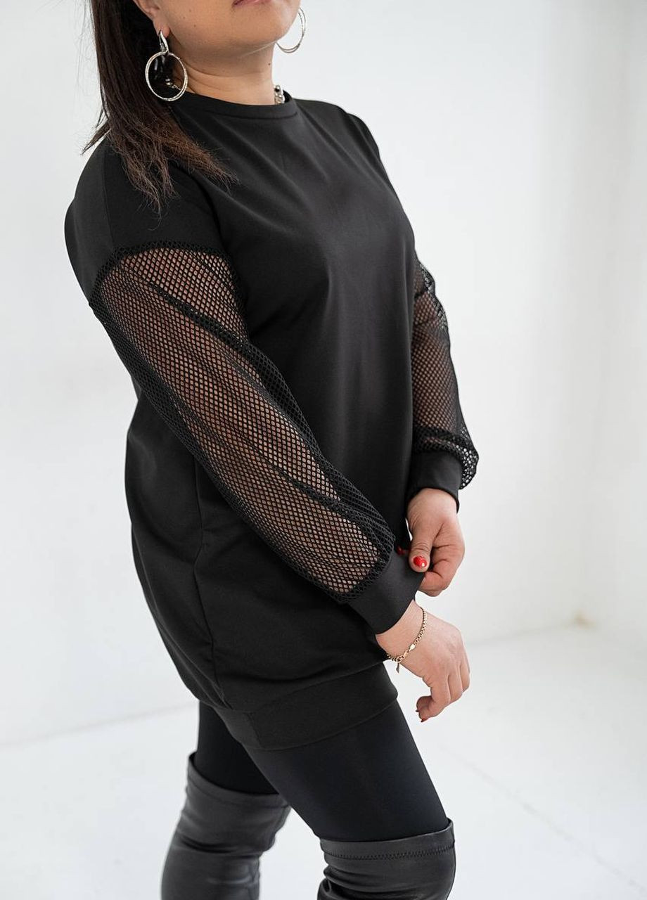 Черное женское платье туника из микро дайвинга с начесом цвет черный р.46/50 446212 New Trend