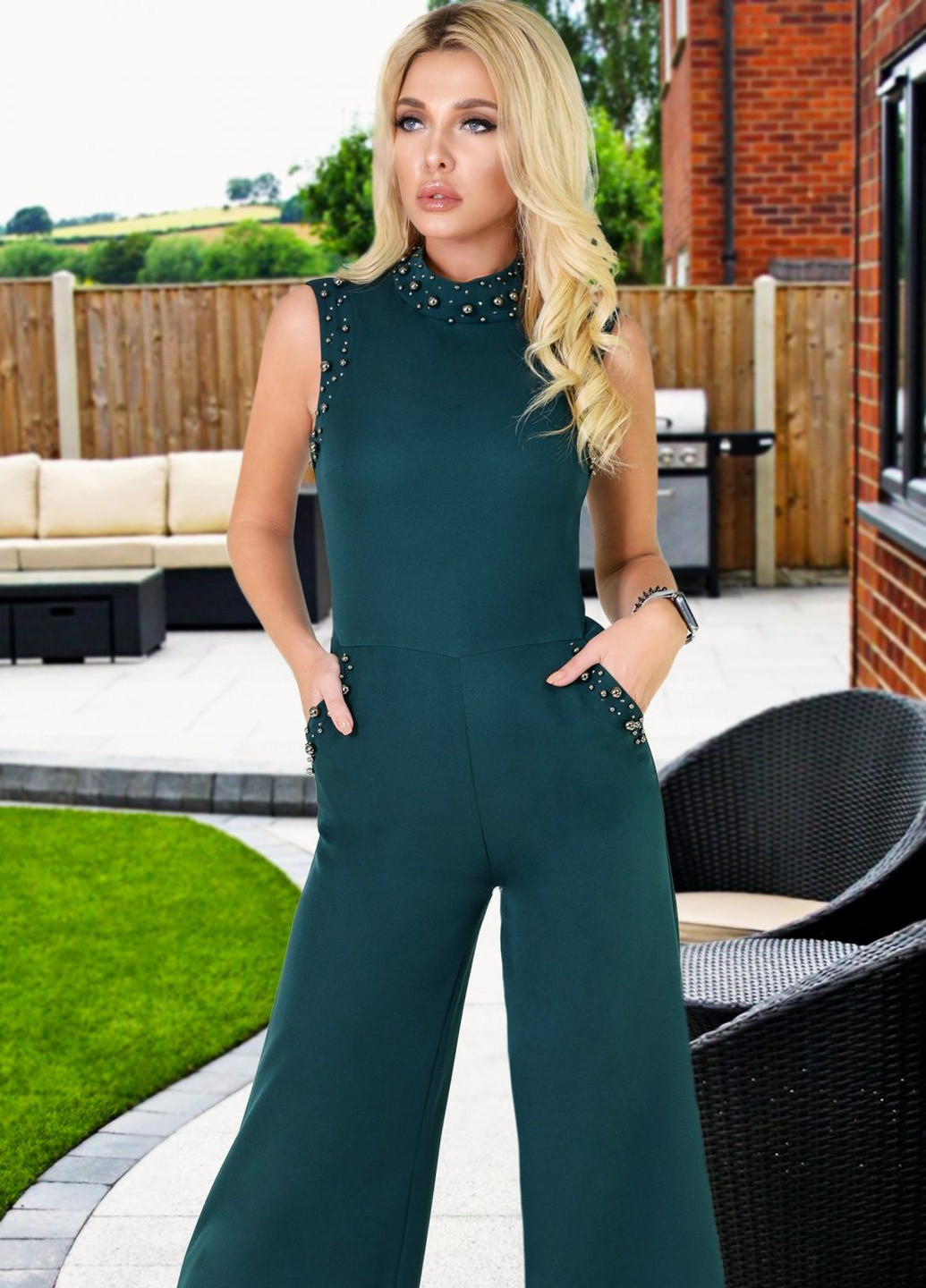 Костюми жіночі Стильний комбез клеш з перлами та кристалами (УТ000051665) Lemanta (259482130)