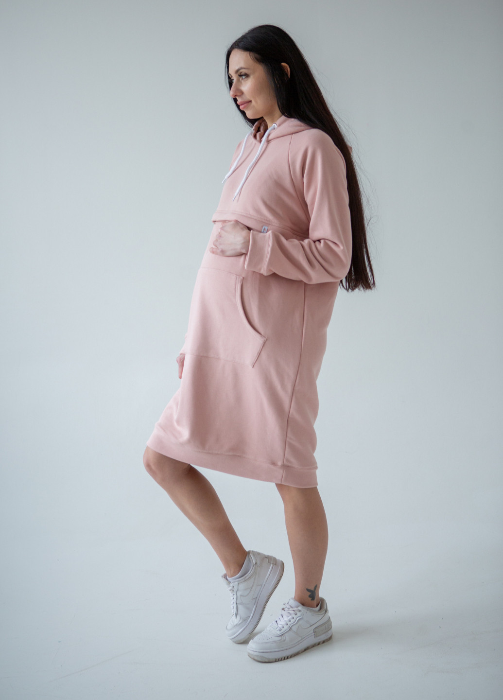 Пудровое утепленное платье-худы для беременных с серктеом для кормления HN