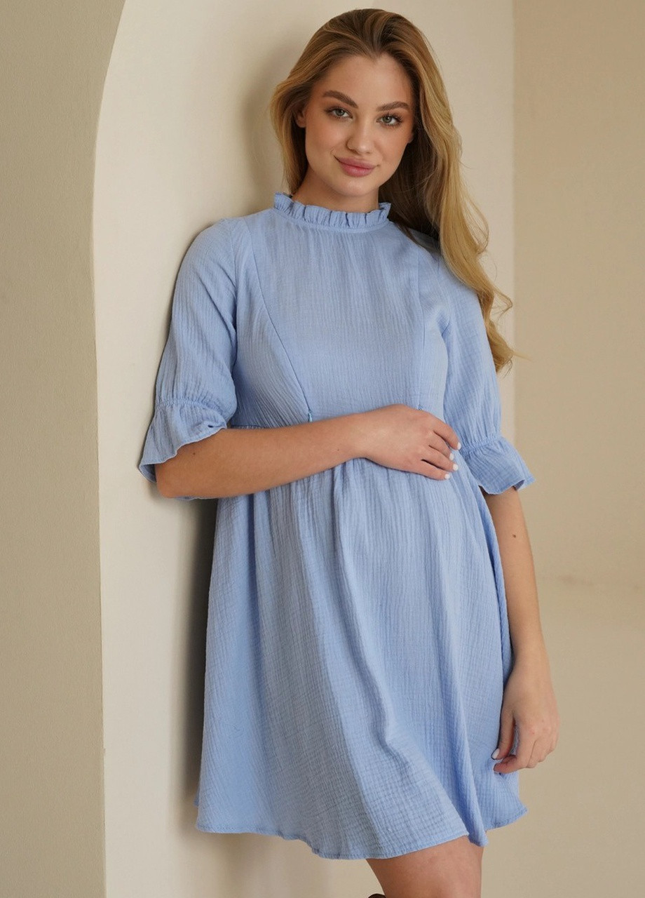 Блакитна легка муслінова сукня для вагітних та годуючих мам вільного силуету блакитна To Be