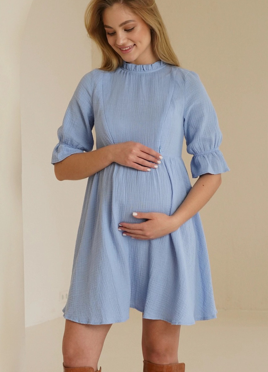 Голубое легкое муслиновое платье для беременных и кормящих мам свободного силуэта голубое To Be