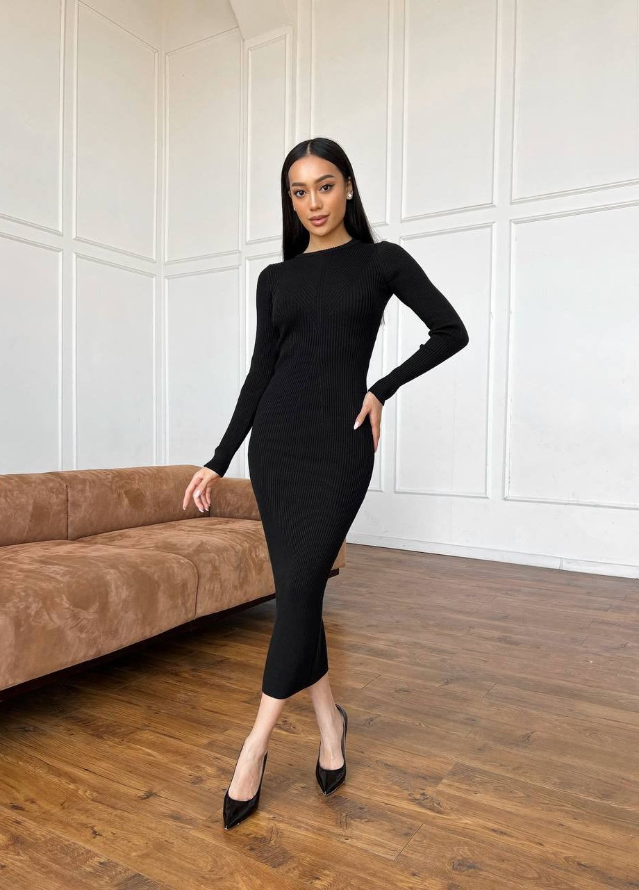 Черное женское макси платье мелкой вязки цвет черный р.42/46 446050 New Trend