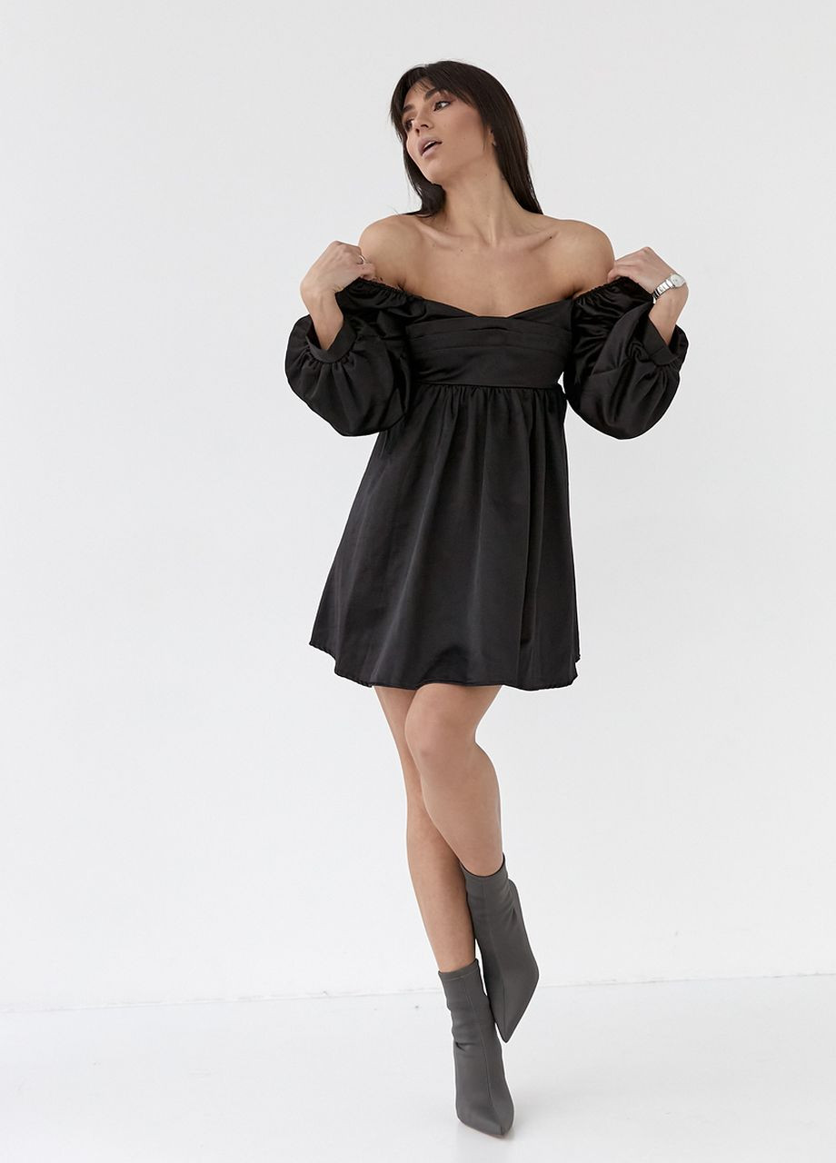 Черное вечернее атласное платье-мини с пышной юбкой и с открытой спиной - черный Lurex