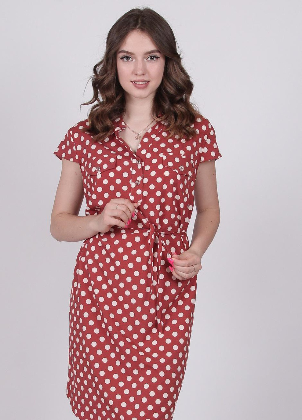 Терракотовое кэжуал платье женское 004 горошек белый софт коричневый Актуаль