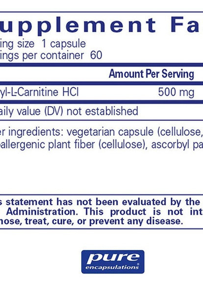Acetyl-L-Carnitine 500 mg 60 Caps PE-00007 Pure Encapsulations (256720112)