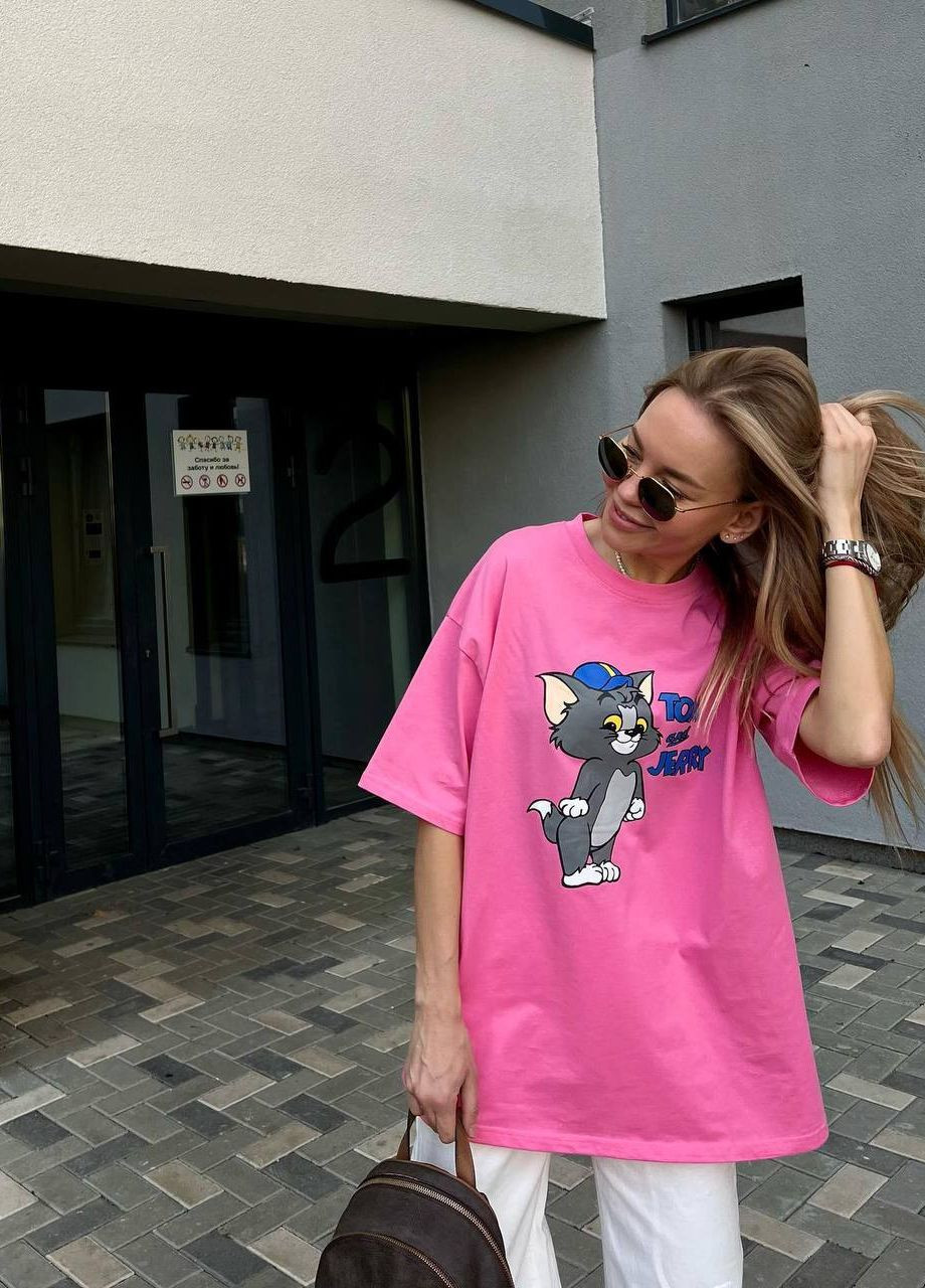 Розовая всесезон стильная оверсайз футболка из турецкого кулира с накатом котика, яркая красивая футболка "том и джерри" (100% хлопок) No Brand 203-1