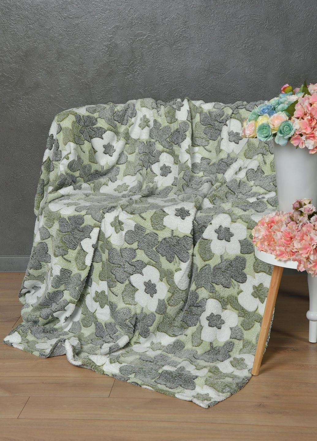 Плед зеленого цвета с цветочным принтом размер 200*220 Let's Shop (262376861)