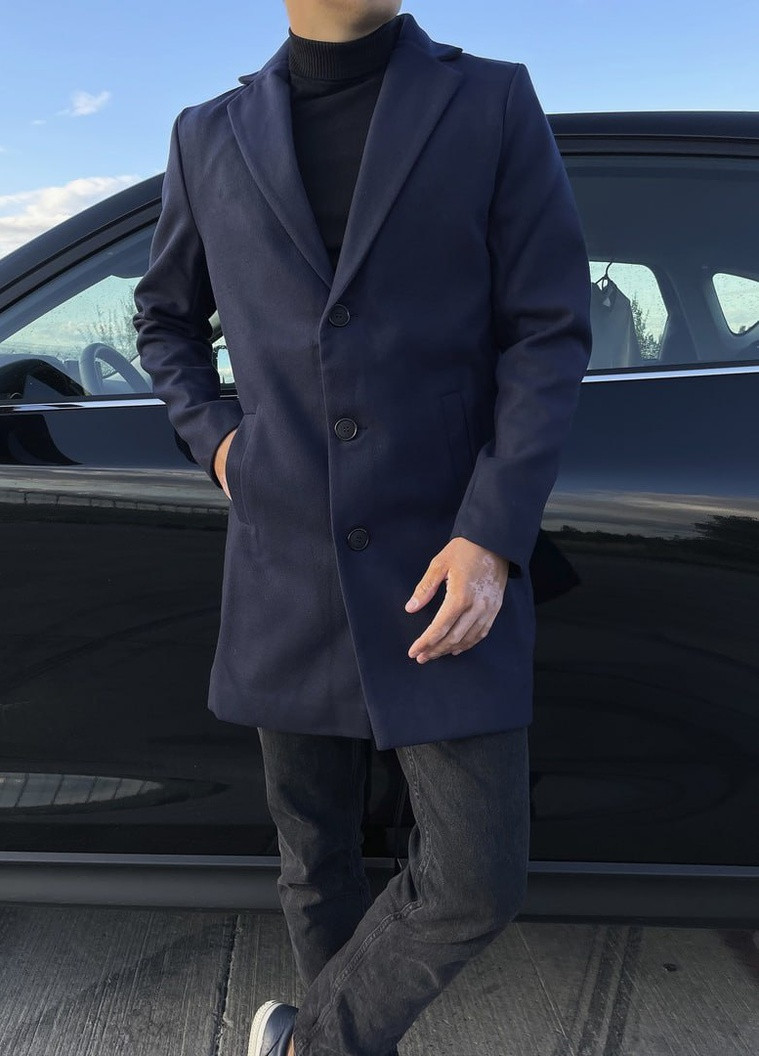 Синее демисезонное Стильное мужское пальто No Brand