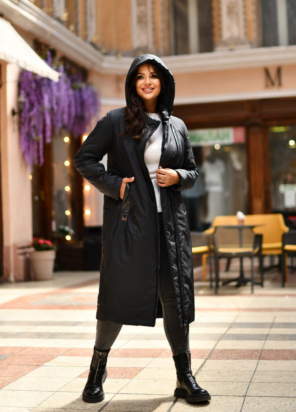 Черное демисезонное Женское длинное пальто за колено 970608 Delfy