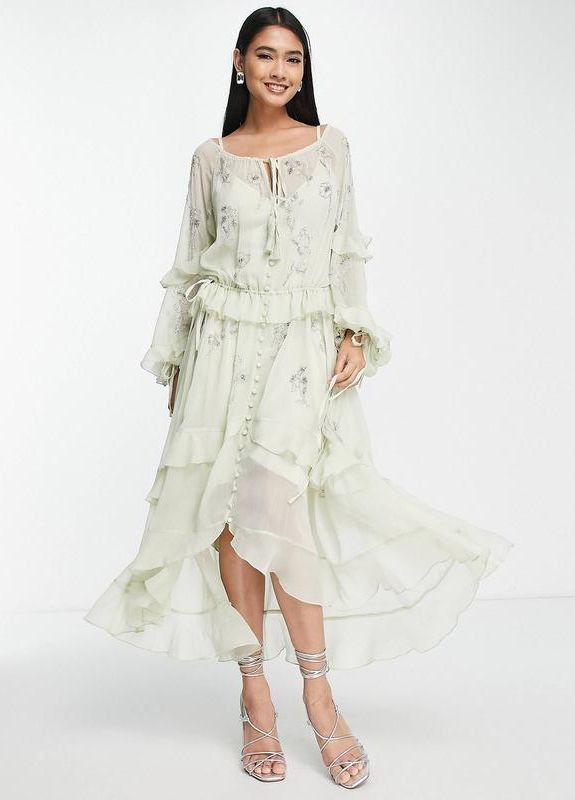 Белое платье миди с оборками, цветочным декором и завязками design Asos