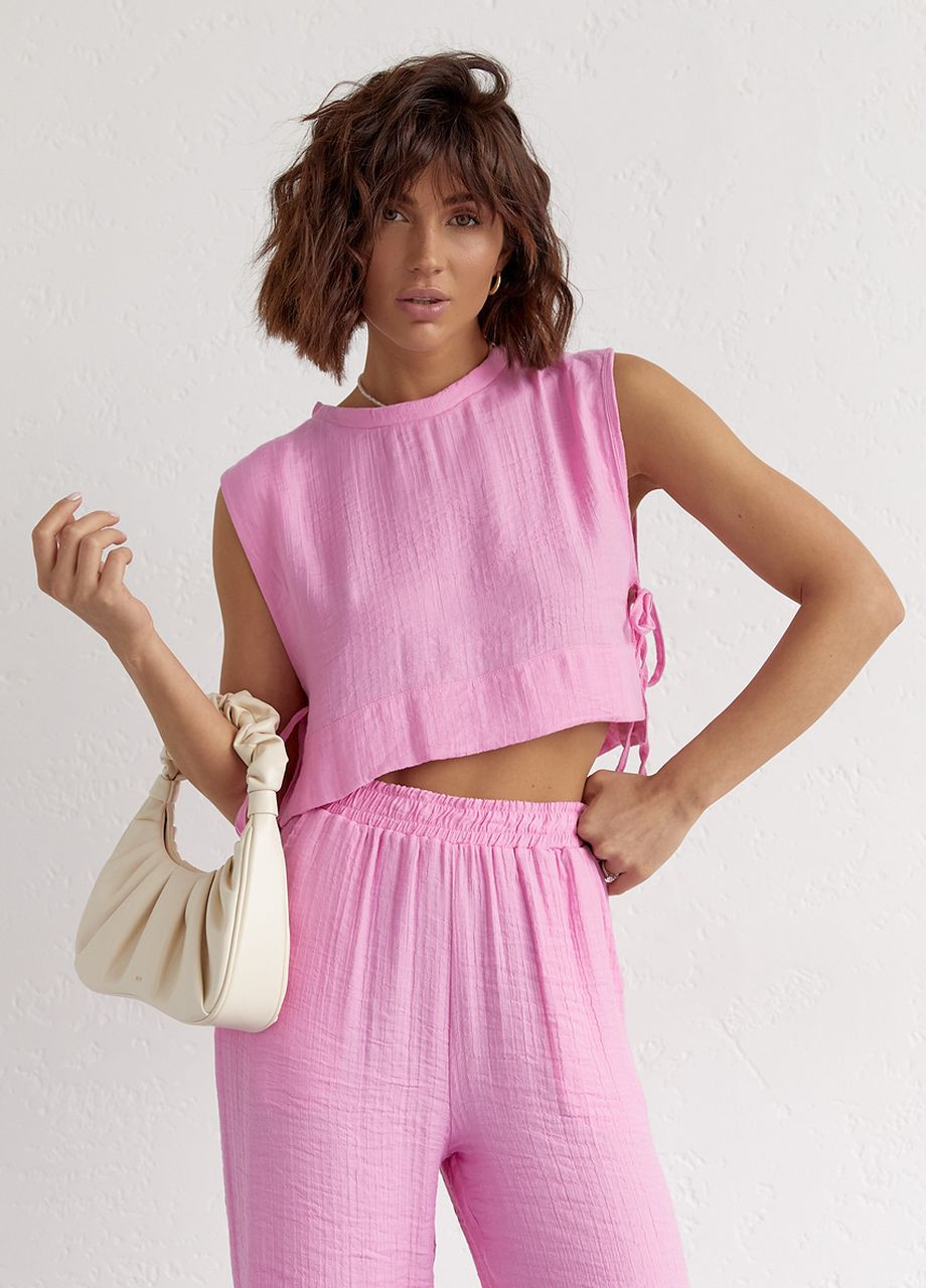 Літній жіночий костюм із брюками та топом із зав'язками - рожевий Lurex (262810784)