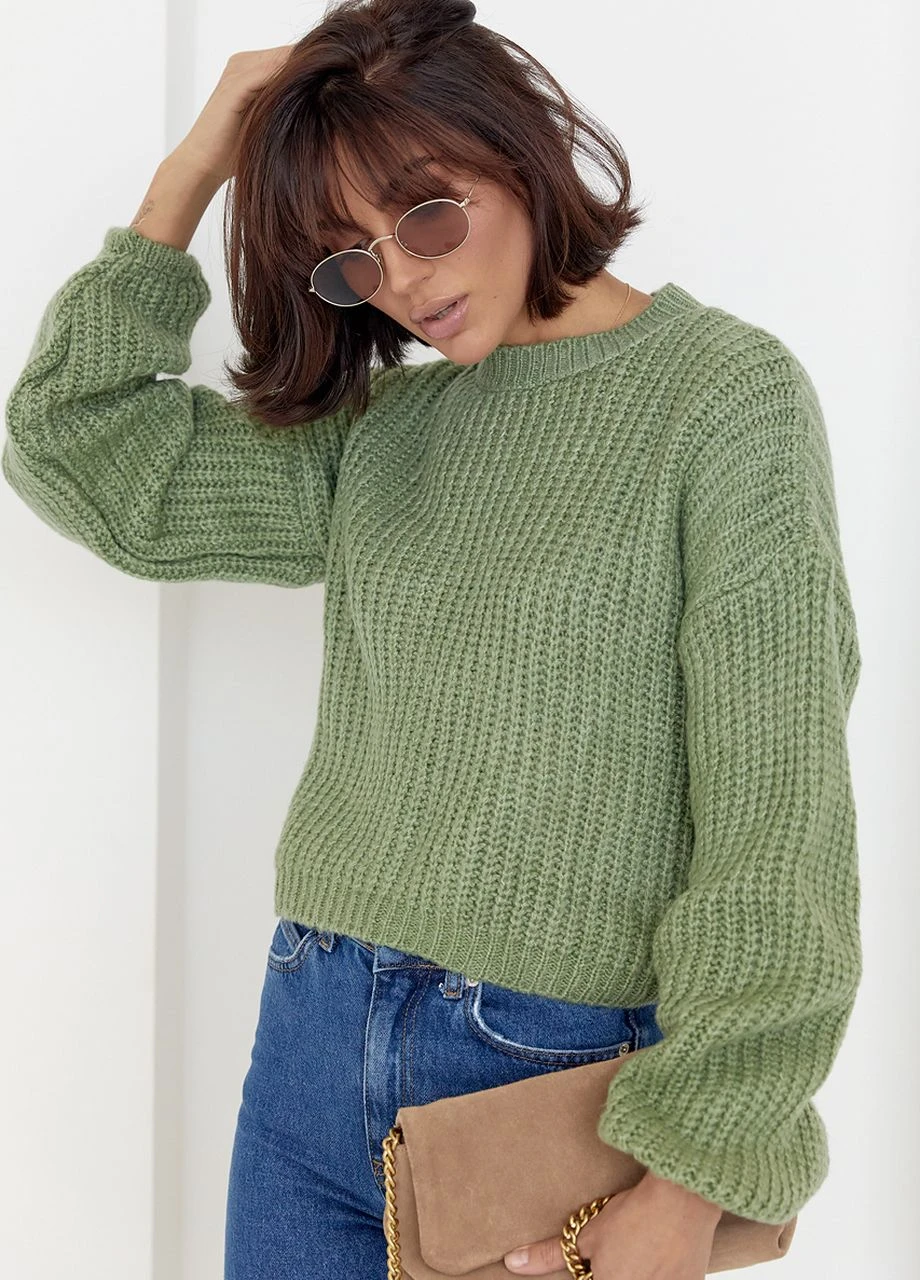 Мятный демисезонный короткий вязаный джемпер oversize Lurex