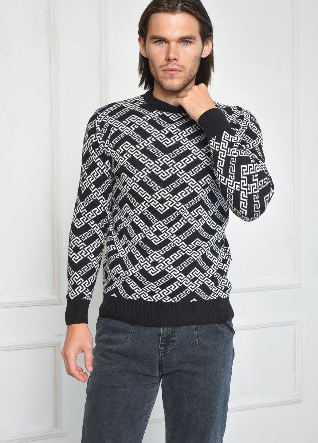 Черный зимний свитер мужской черно-белого цвета пуловер Let's Shop