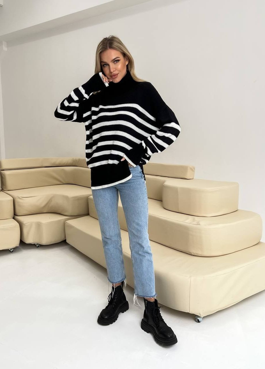 Женский полосатый свитер цвет черный/молочный р.42/46 444016 New Trend (266424143)
