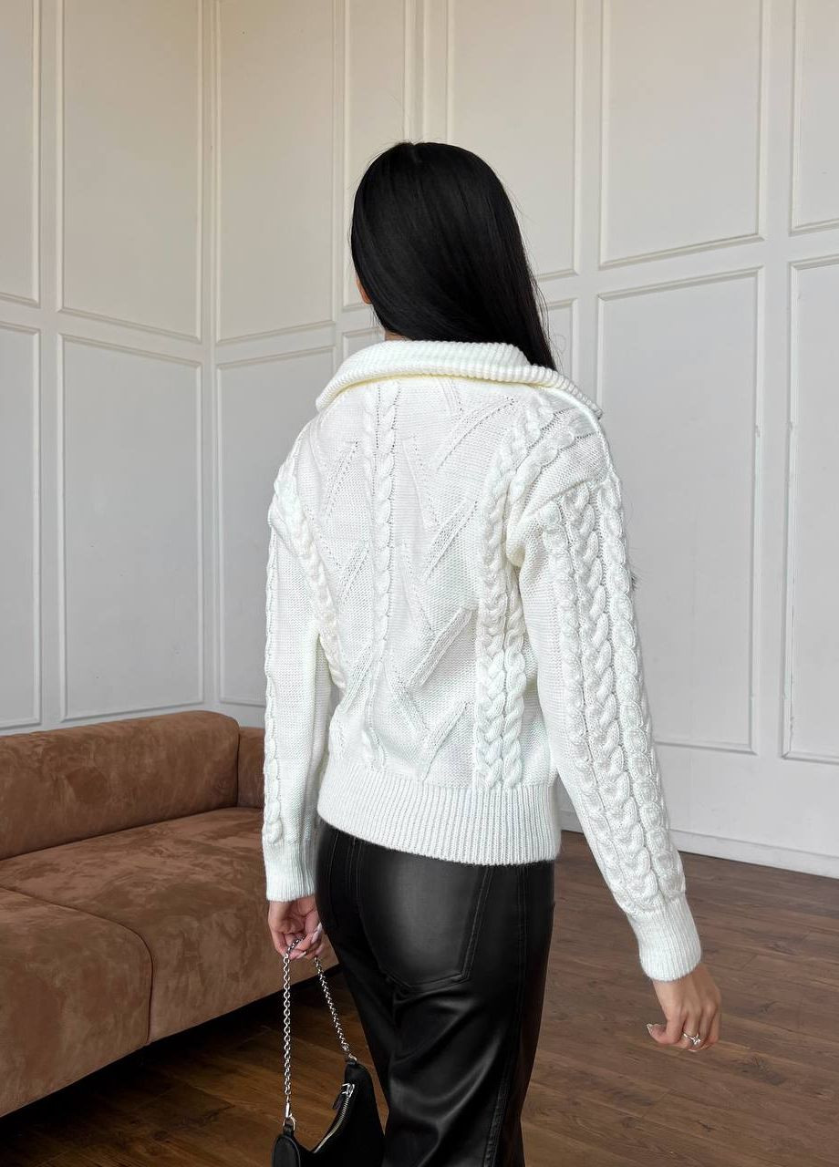 Молочний женский свитер с v-образнм воротником и молнией цвет молочнй р.42/46 445969 New Trend