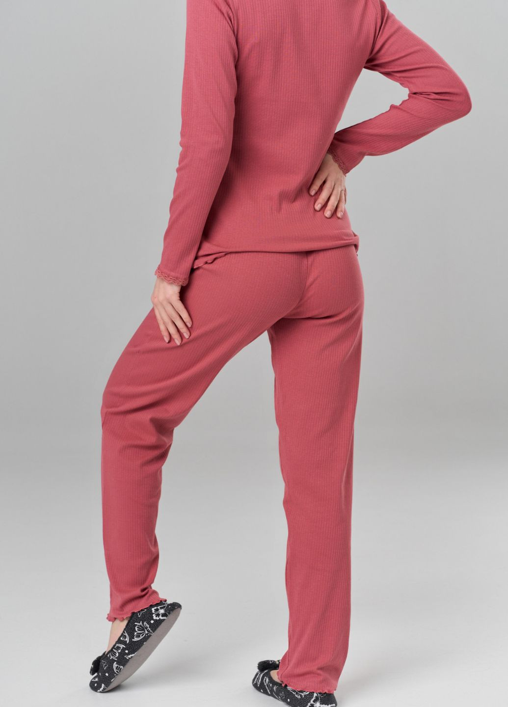 Светло-бордовая всесезон женская пижама в рубчик реглан + брюки Nicoletta