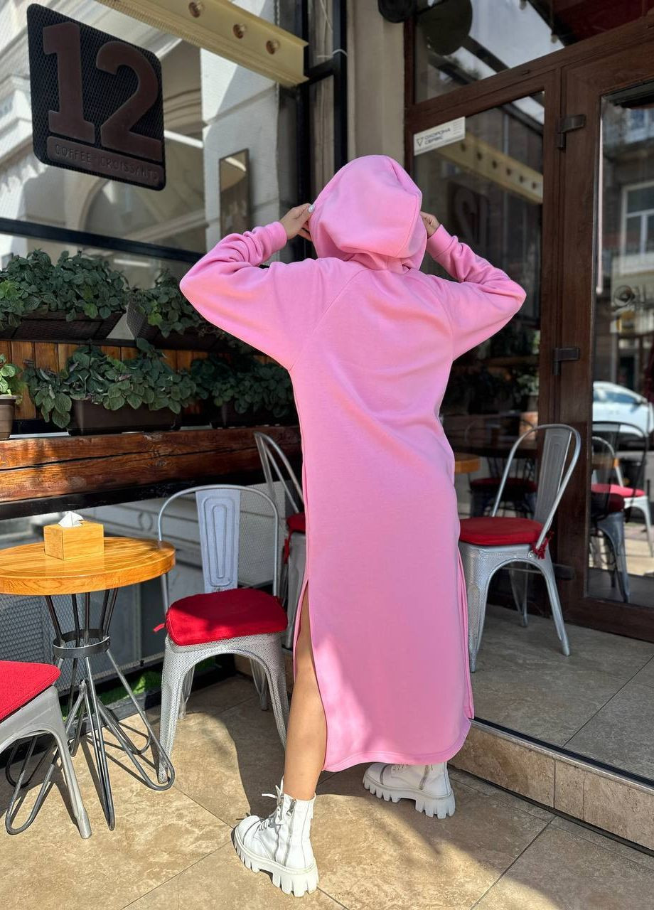 Розовое спортивное, повседневный, кэжуал теплое и невероятно удобное платье-макси на флисе платье-худи Vakko однотонное