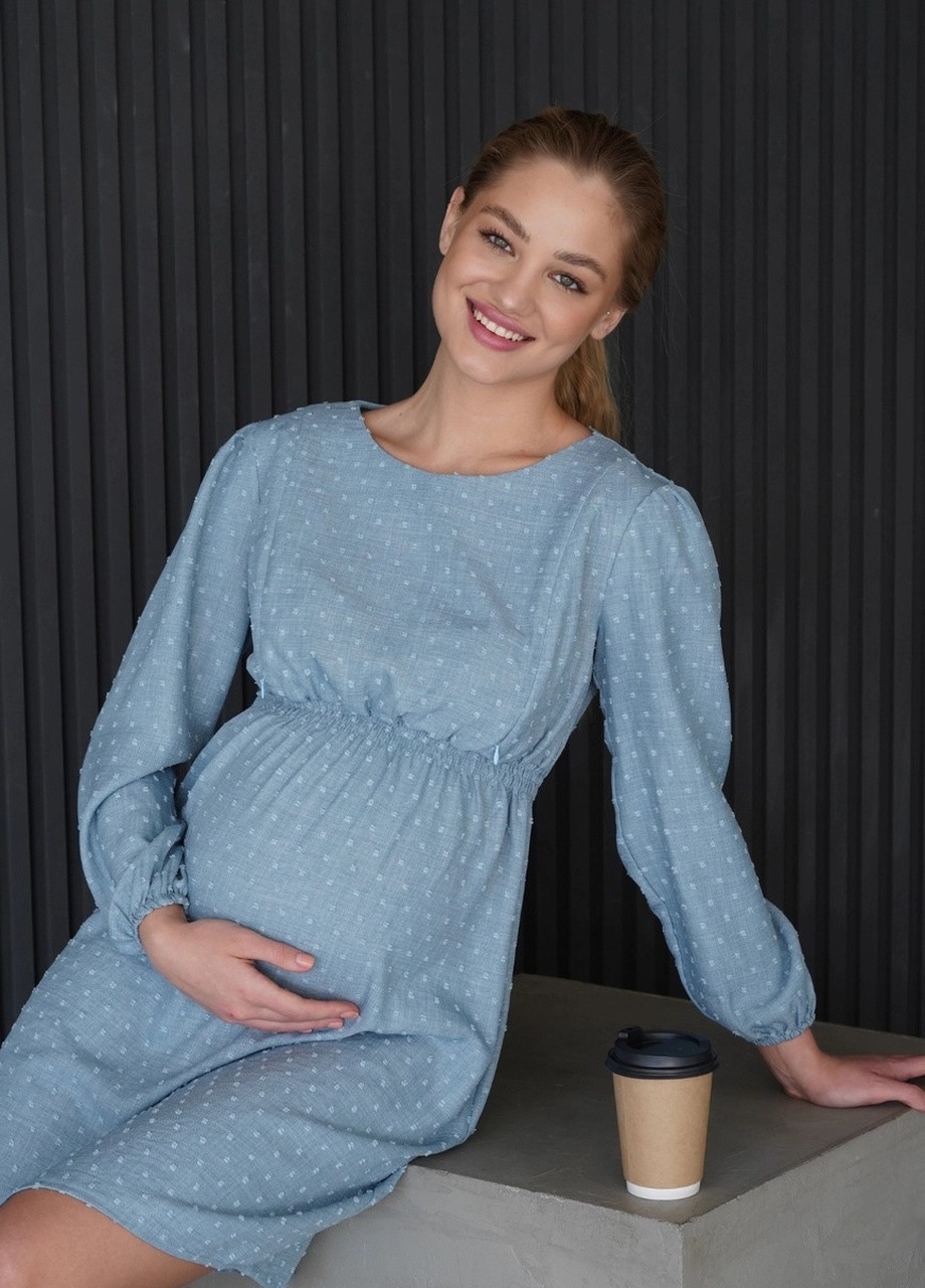 Синее хлопковое платье для беременных и кормящих мам синее с секретом для кормления To Be