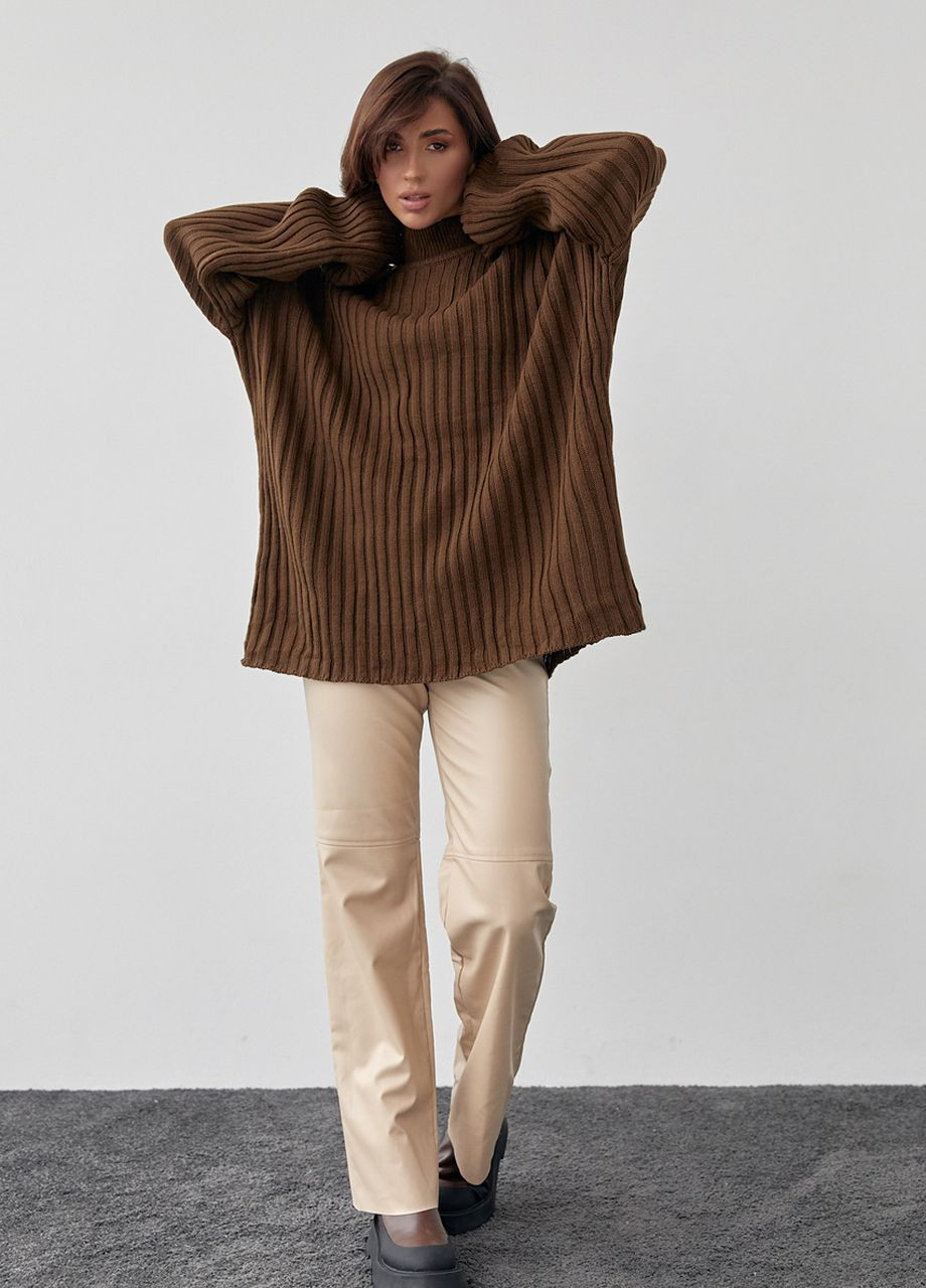 Темно-коричневый зимний женский вязаный свитер oversize в рубчик - темно-коричневый Lurex