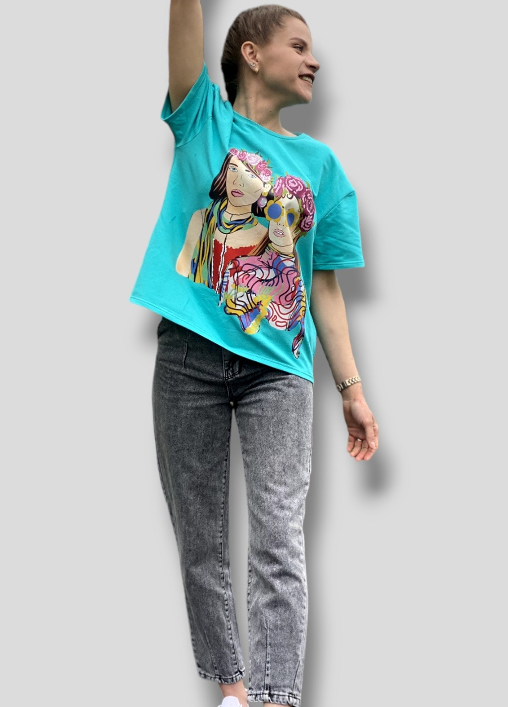 Мятная всесезон футболка оверсайз с ярким принтом (здесь может быть ваше изображение) No Brand YouDee 061
