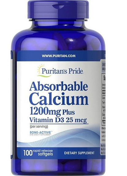 Puritan's Pride Absorbable Calcium 1200 mg with Vitamin D 1000 IU 100 Softgels Puritans Pride (256724625)