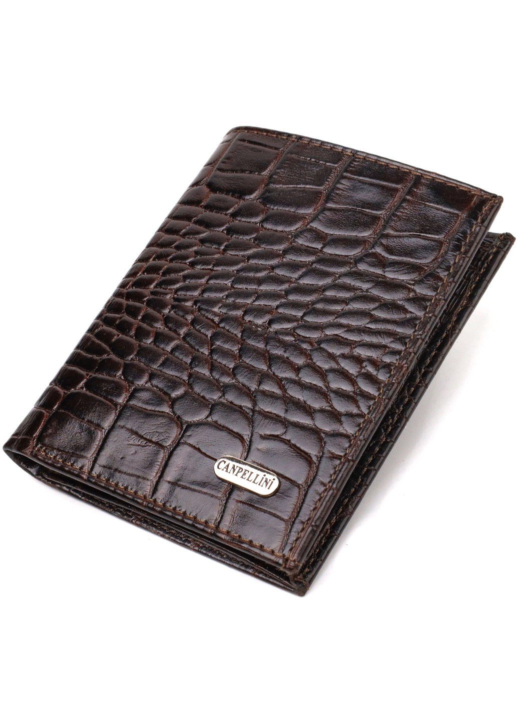 Компактний чоловічий гаманець із натуральної шкіри з тисненням під крокодила 21871 Коричневий Canpellini (259829972)