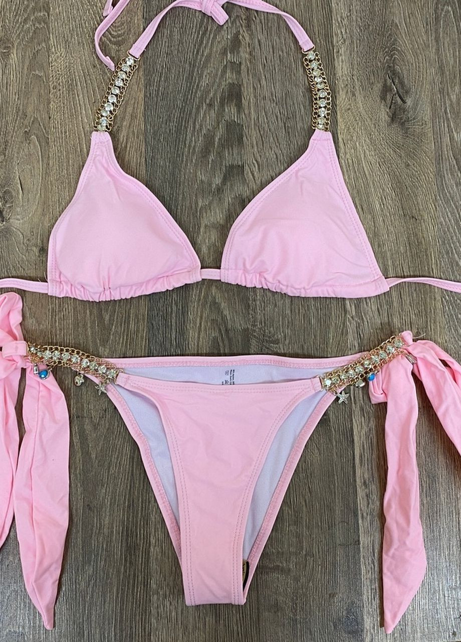 Розовый летний купальник розовый со стразами на завязках раздельный No Brand