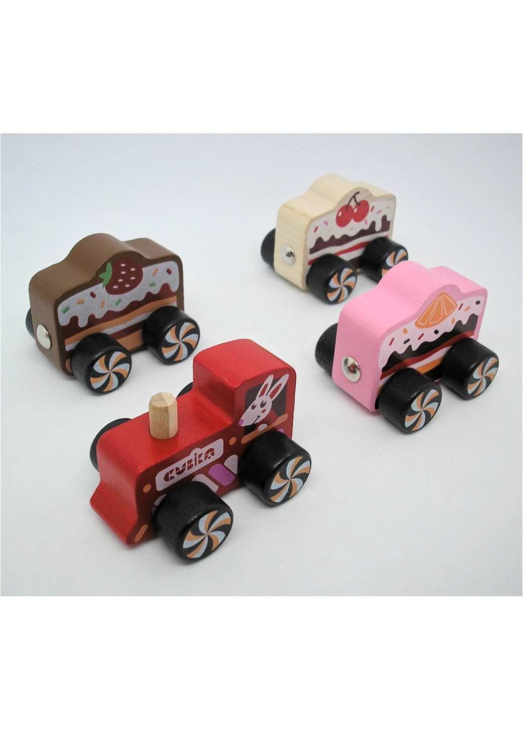 Іграшка дерев'яна дитяча поїзд на магнітах різнокольоровий розвиваючий 4 деталі поїзд "Cakes" Cubika (259771279)