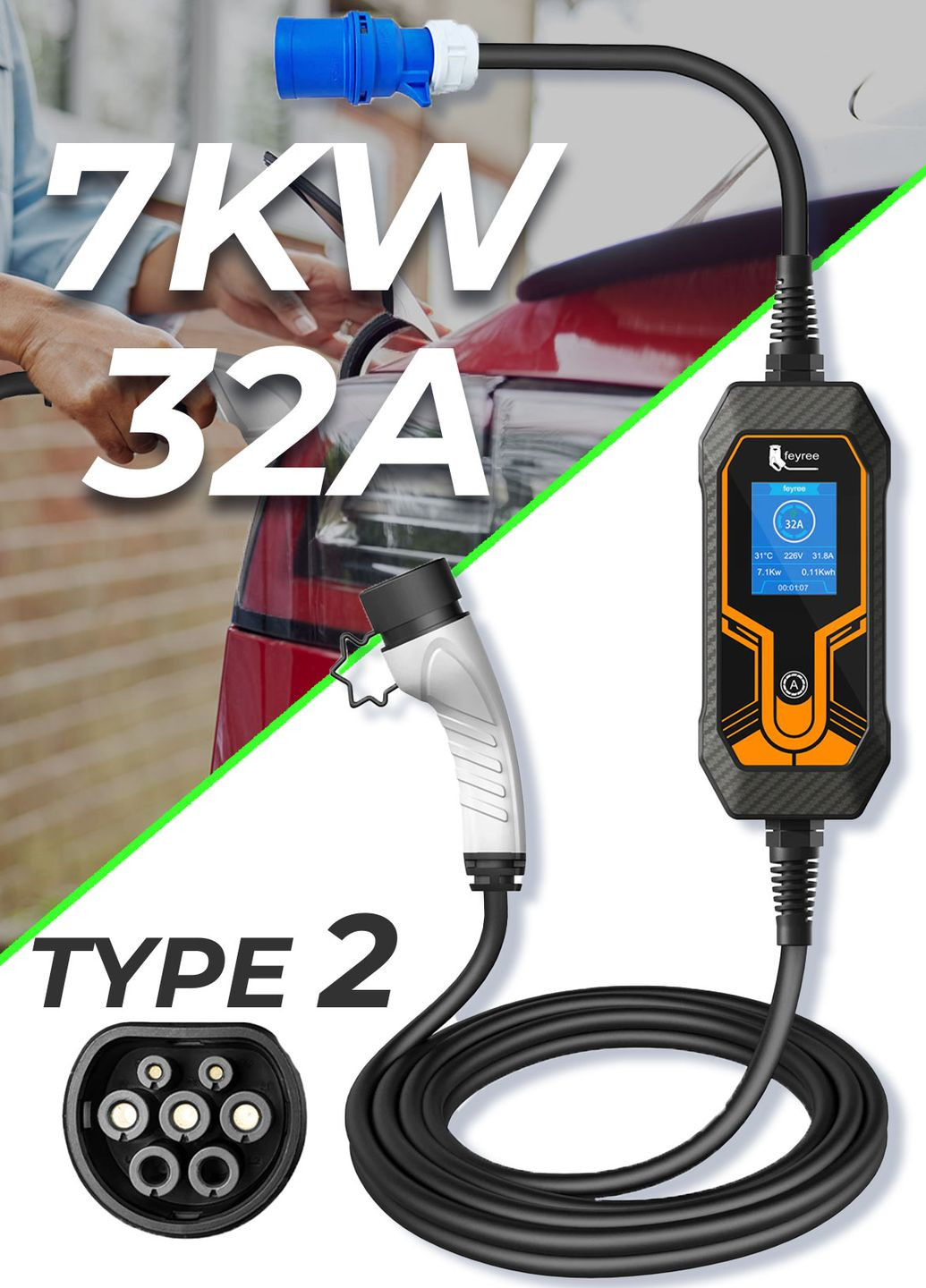 Зарядное устройство для электромобилей Type1 / Тесла, BMW i3 / 220 вольт 7 кВт 32А IP55 8706 Черный 67335 Feyree (268128362)
