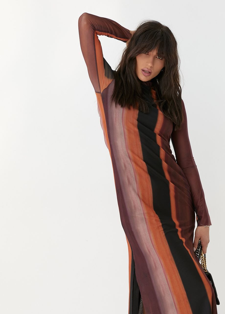 Коричневое кэжуал платье из сетки прямого фасона с распорками - коричневый Lurex
