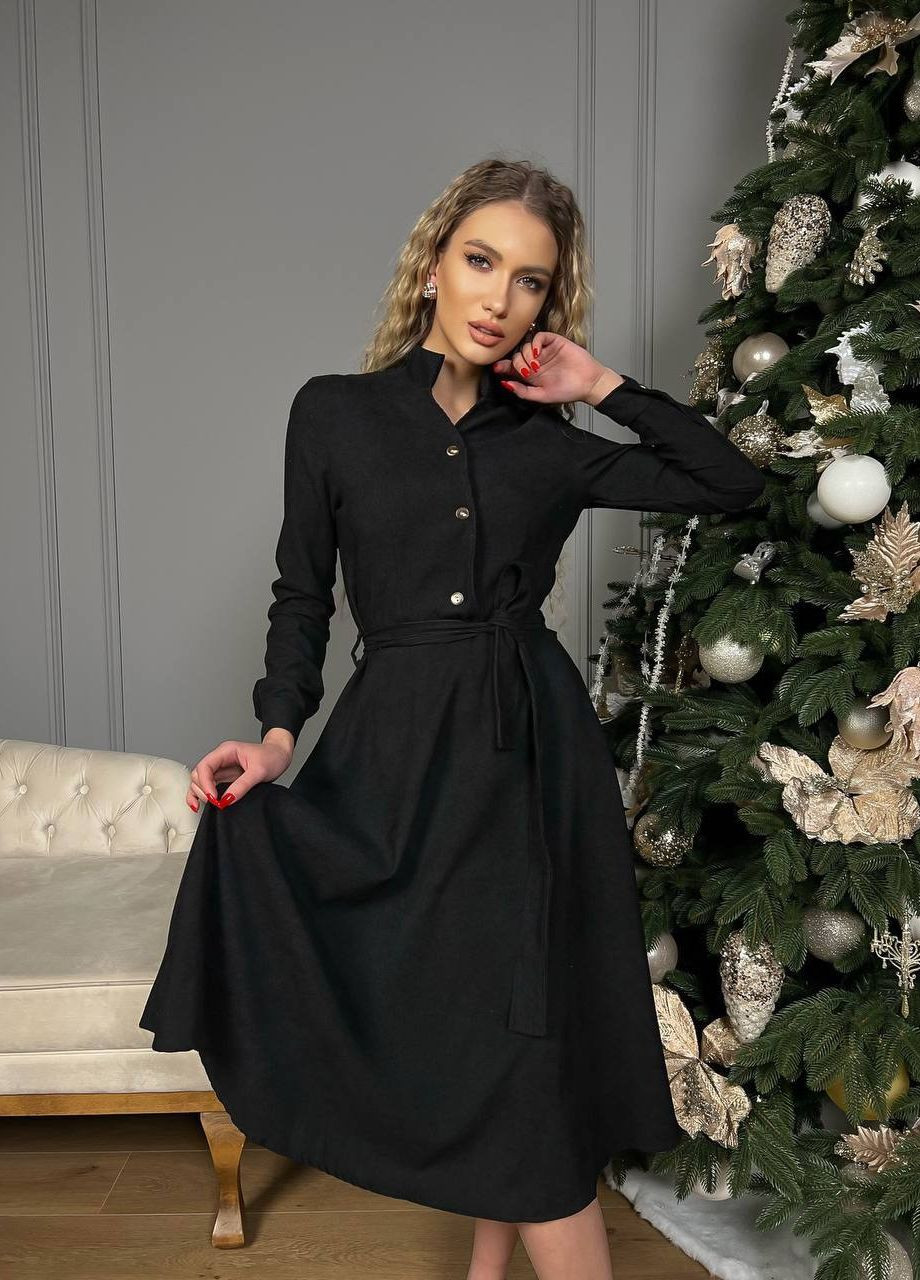 Чорна жіноча сукня з вельвету з поясом New Trend