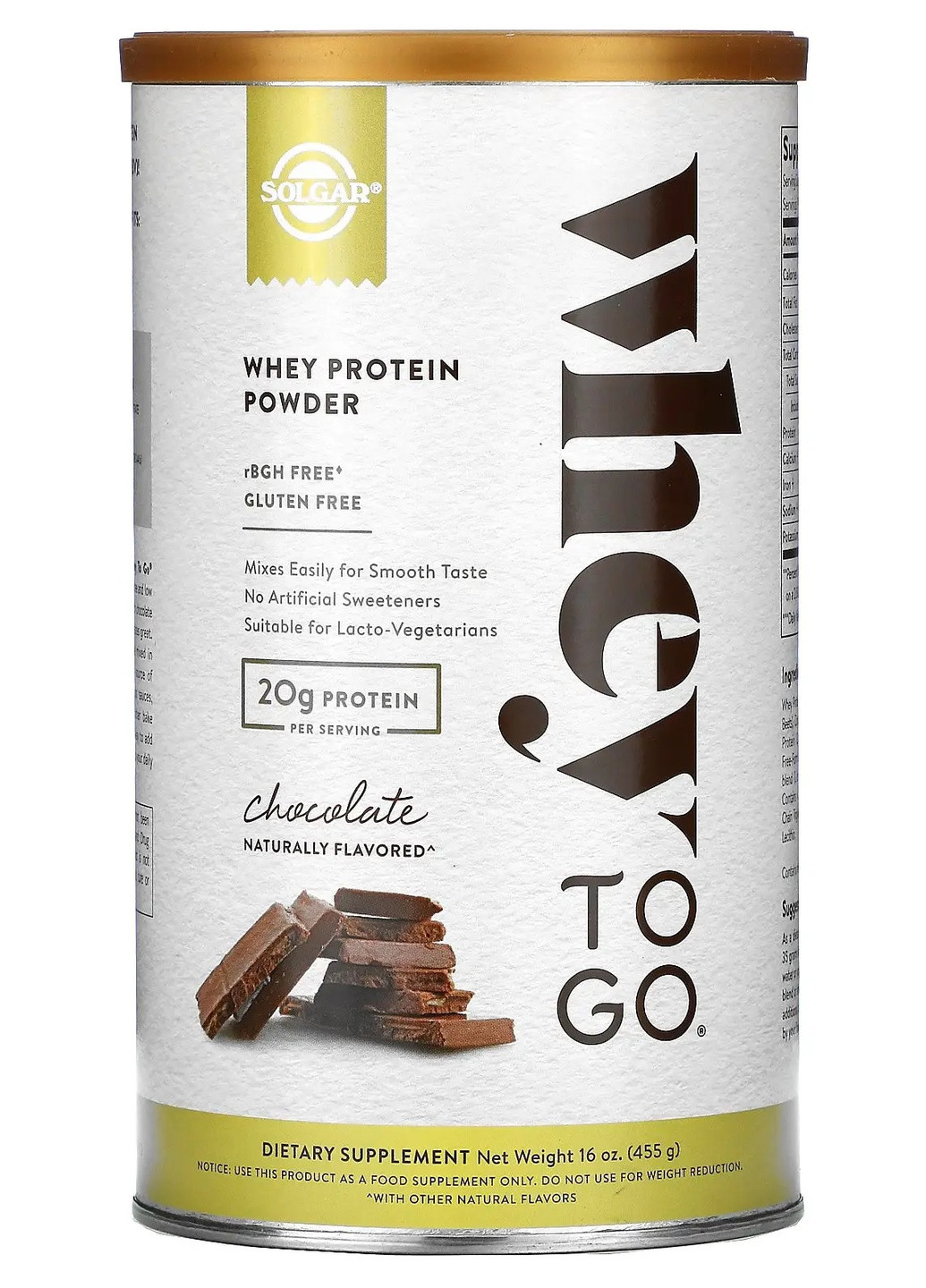 Whey To Go Whey Protein Powder 16 oz 453,5 g /13 servings/ Natural Chocolate Flavor Solgar (256719118)