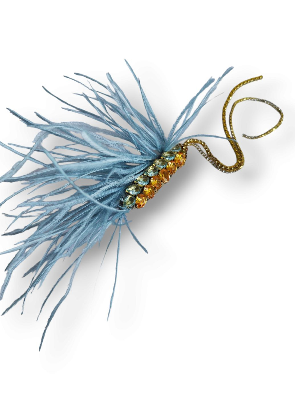 Брошь колосок желто-голубой с длинными стразовыми цепочками и перьями голубого цвета Ksenija Vitali (267507534)