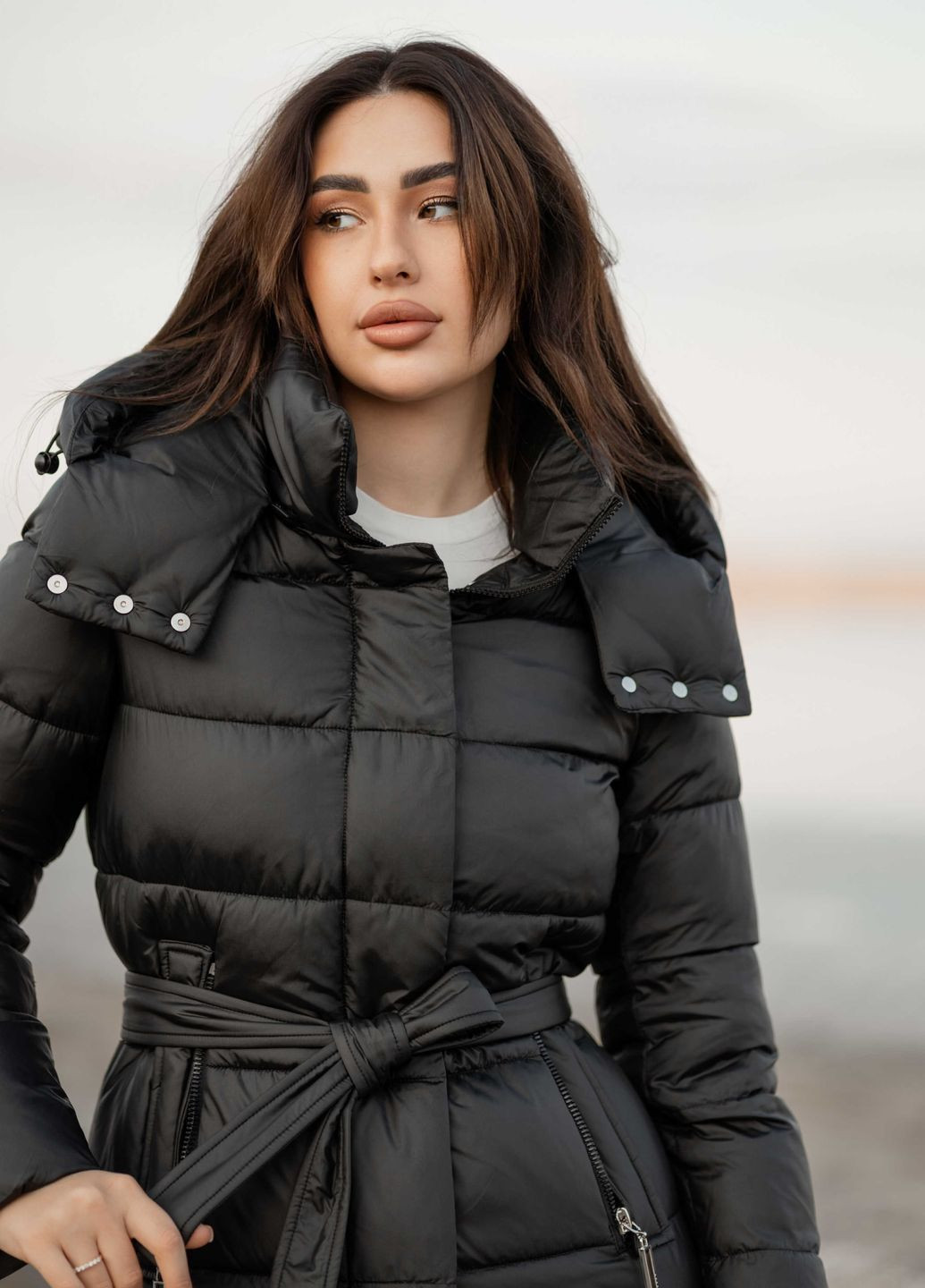 Черное зимнее Женское зимнее длинное пальто 90682 Fodarlloy