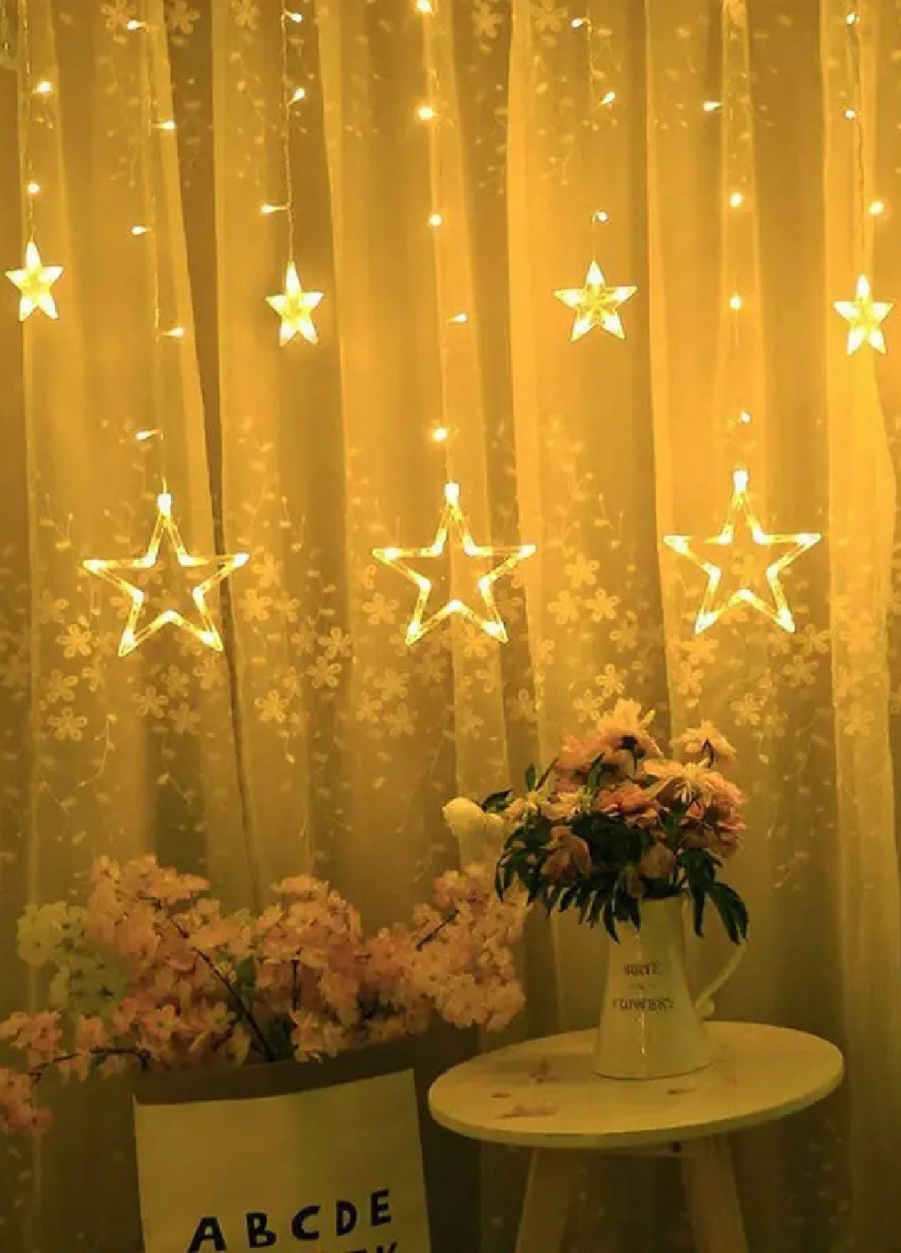 Світлодіодна святкова кімнатна гірлянда штора великі та маленькі зірки 120 LED ламп 4 м (475448-Prob) Тепла біла Unbranded (267721821)