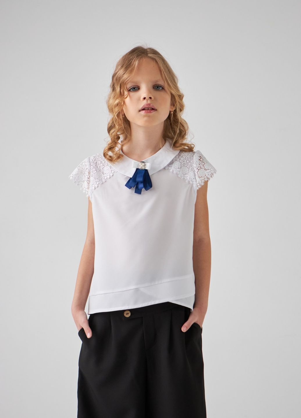 Блузка з коротким рукавом для дівчинки 8942 134 см Білий, Синій 66308 Tair (260328899)