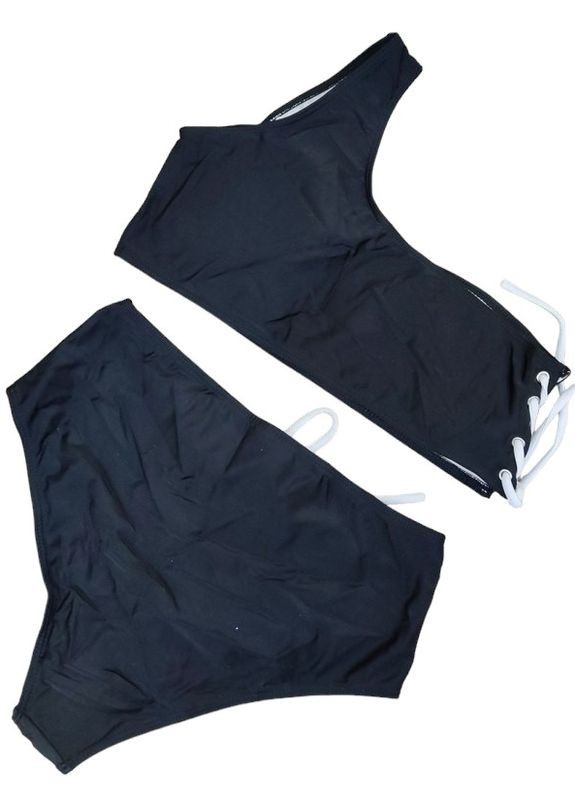 Черный летний купальник раздельный с высокими плавками с высокой талией с топом на одно плечо женский раздельный No Brand 3919