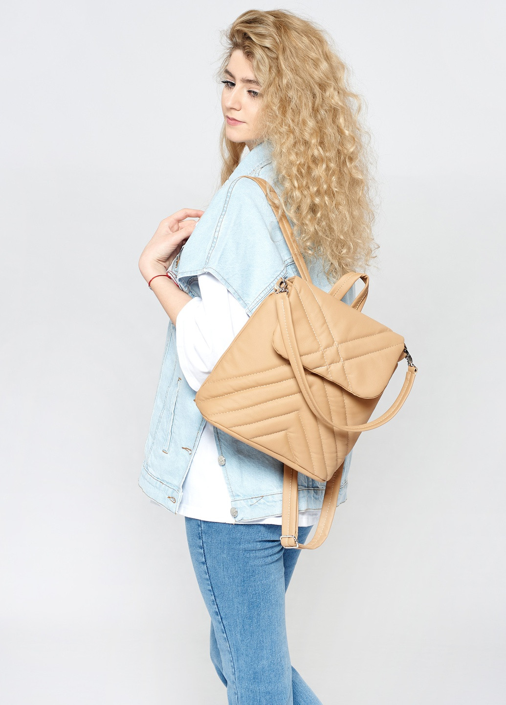 Женский рюкзак-сумка Loft стеганый Бежевый Sambag (259592016)