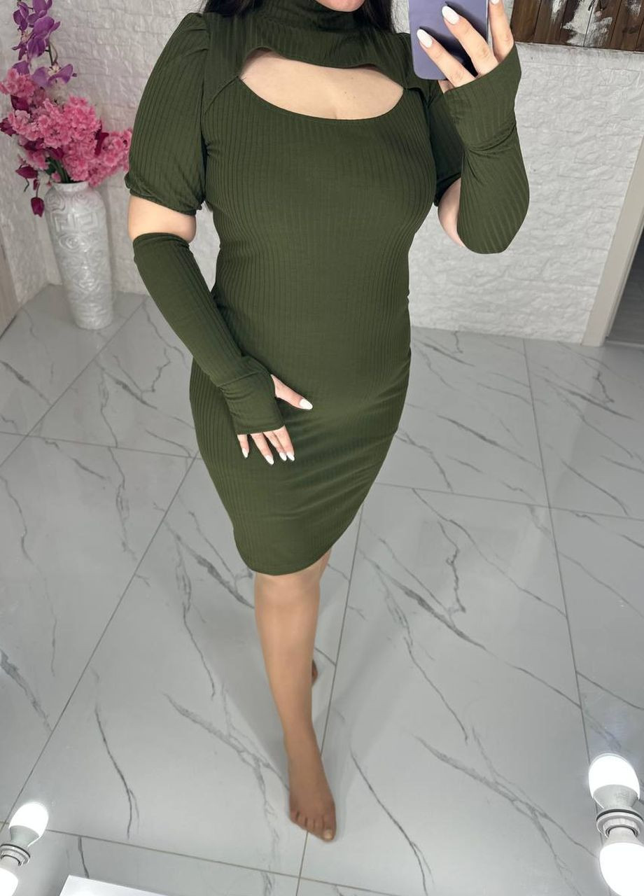 Оливковое (хаки) женское платье приталенное с перчатками цвет хаки р.42/44 446911 New Trend