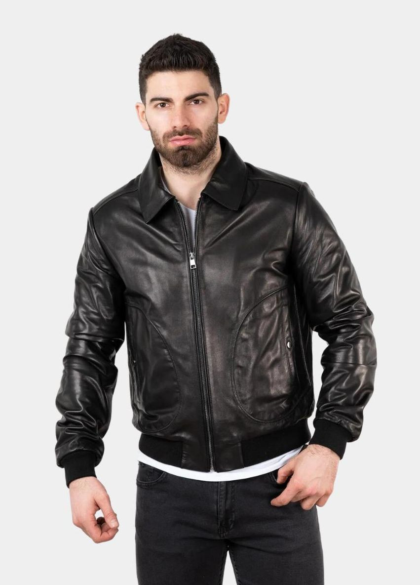 Черная демисезонная мужская кожаная куртка на резинке черная 26130013 No Brand