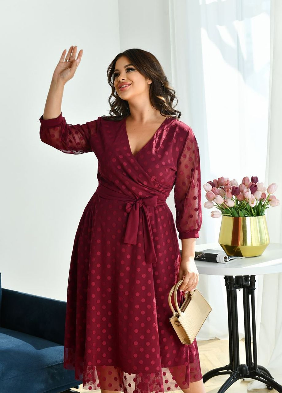 Бордовое женское платье на запах в горошек цвет бордо р.48/50 443877 New Trend