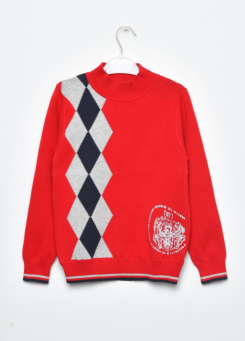 Красный демисезонный свитер детский для мальчика красного цвета в ромбик пуловер Let's Shop