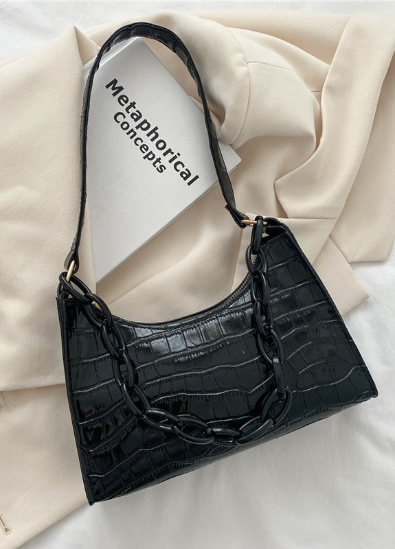 Женская маленькая сумочка через плечо багет рептилия крокодиловая кожа черная No Brand (259470399)