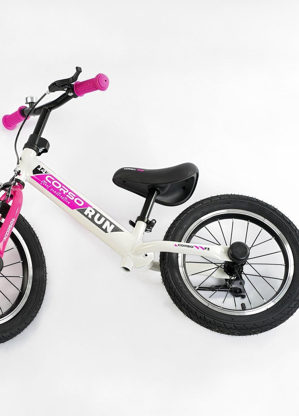 Велобіг 14" сталева рама, ручне переднє гальмо, колеса надувні гумові, алюмінієві диски, підніжка, дзвінок Corso (259660887)