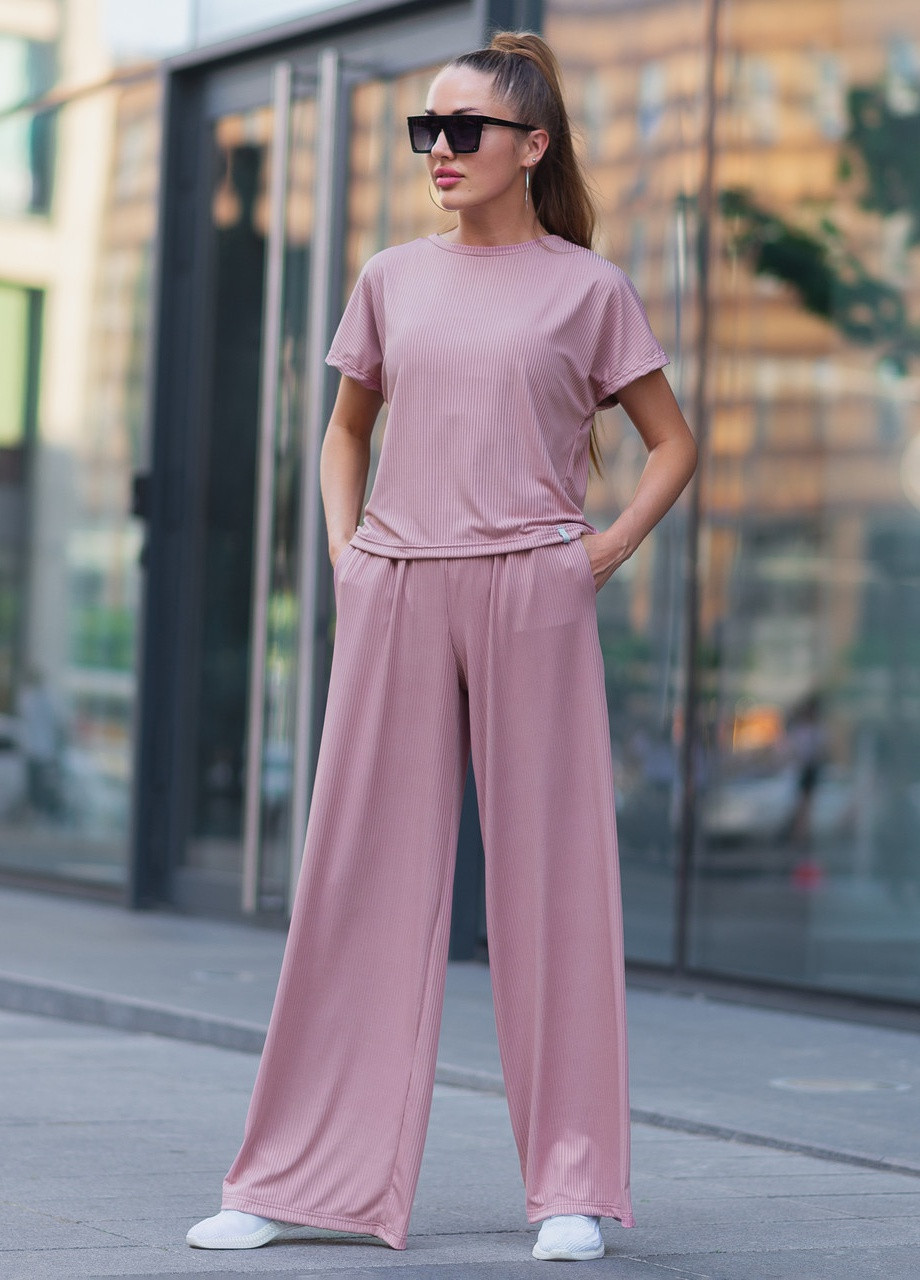 Женский костюм из рубчика футболка и штаны Розовая пудра Maybel (259503812)