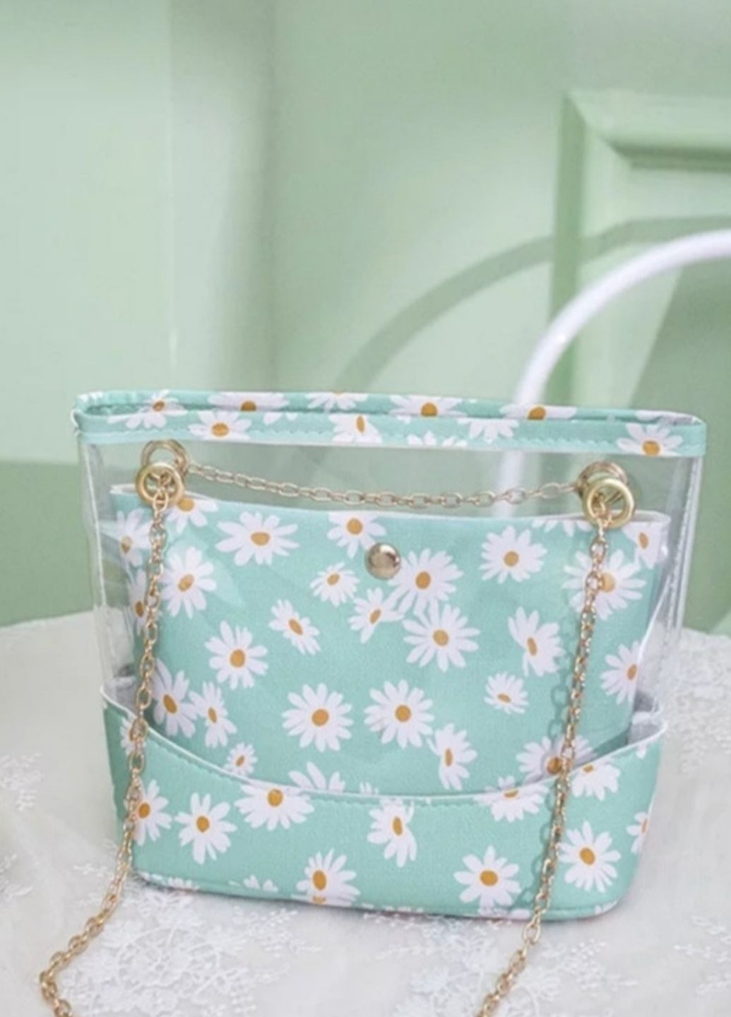Модная зеленая сумочка клатч с ромашками No Brand (268547388)