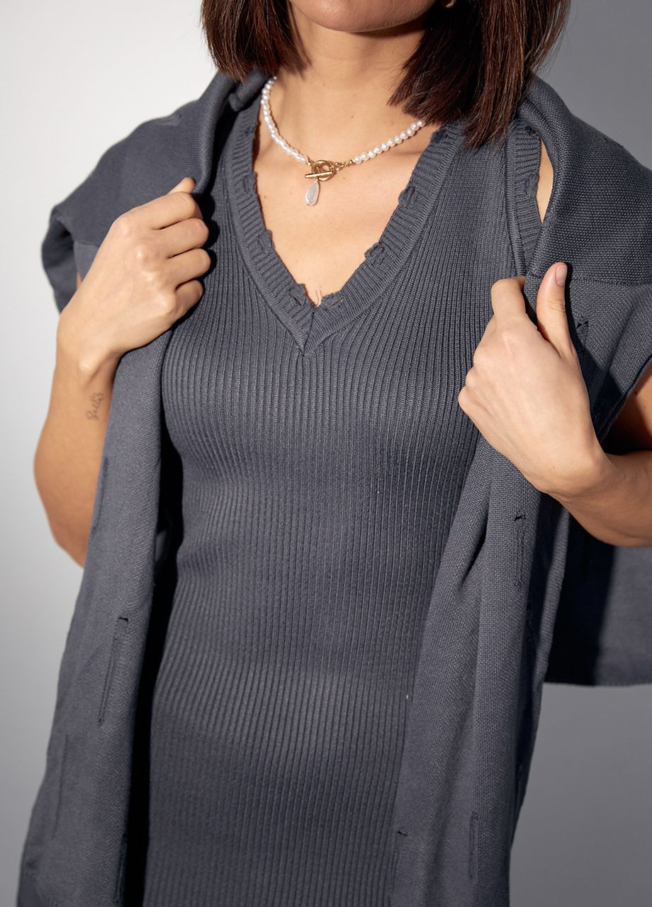 Костюм с платьем и свитером украшен рваным декором - темно-серый Lurex (271662394)